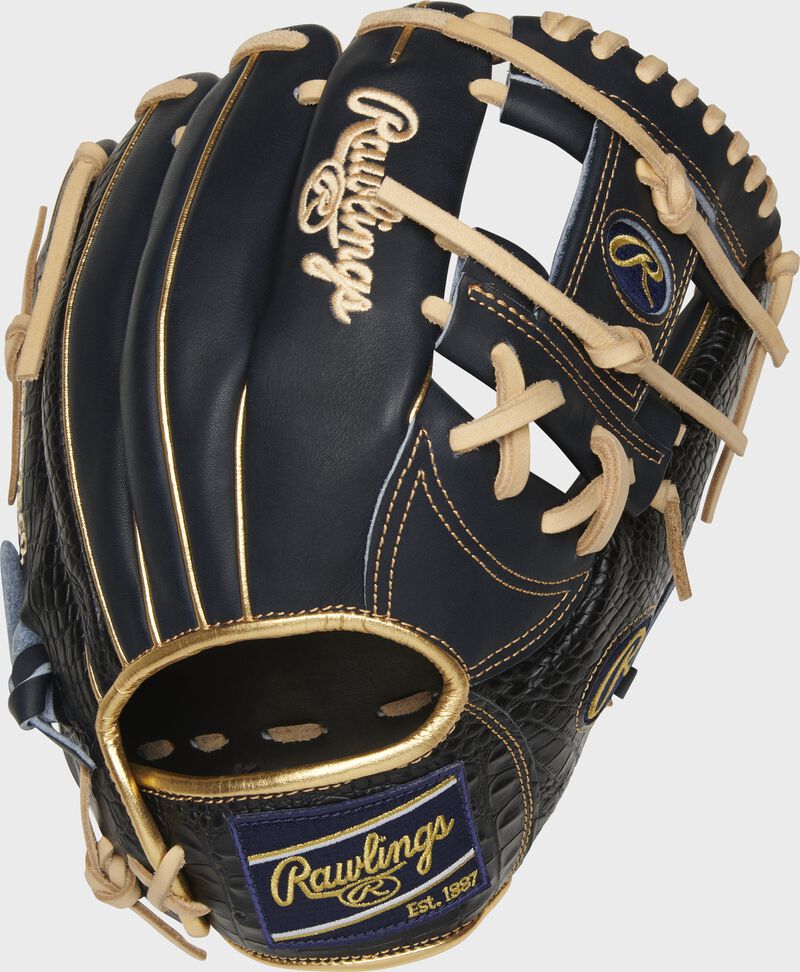Back of a navy Heart of the Hide 11.5-Inch I-web glove with croc-embossed leather trim - SKU: PRONP4-2NCC 