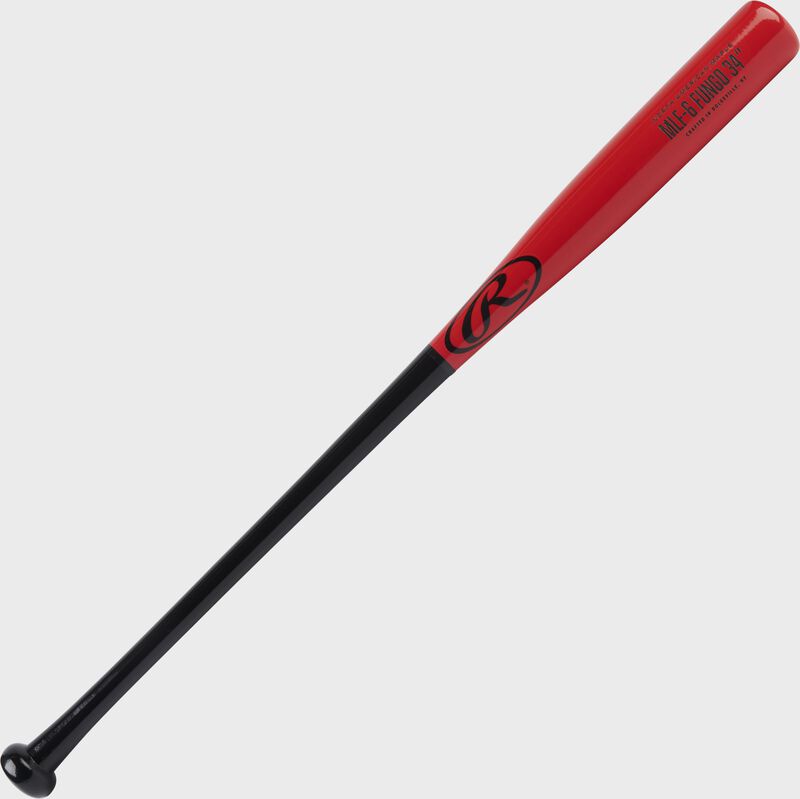 Angled view of a 34" Rawlings Maple fungo bat with a black handle and red barrel - SKU: MLF5-B-RD-34