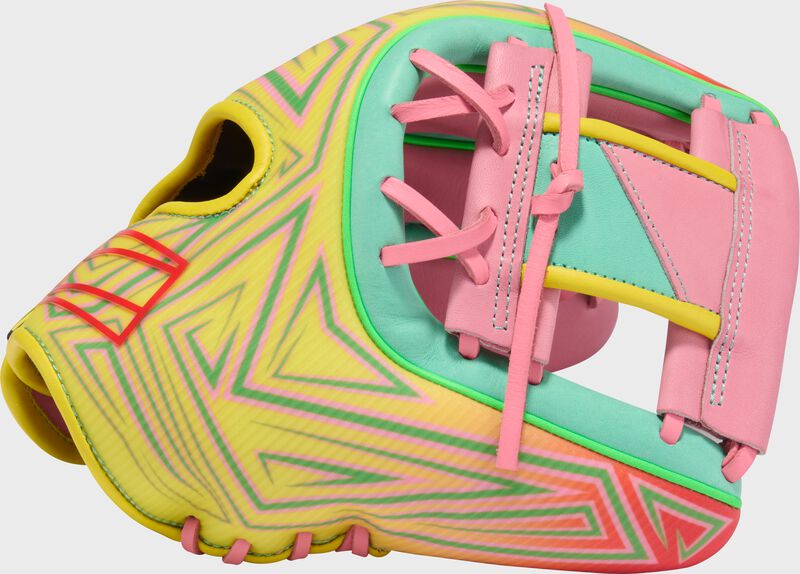 Thumb of a pink/yellow Rawlings REV1X 11.5-inch infield glove with a pink/mint Pro I-web