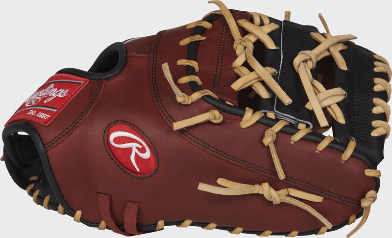 Thumb of a burgundy Heart of the Hide 12.75 in first base mitt with a black horizontal bar x-laced web - SKU: PROCMHCP22PRO