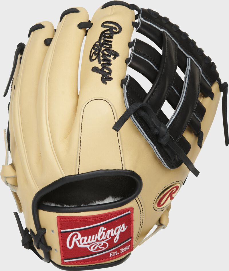 Camel back of a Brandon Crawford Pro Preferred glove with a red Rawlings patch - SKU: PROS204-BC35