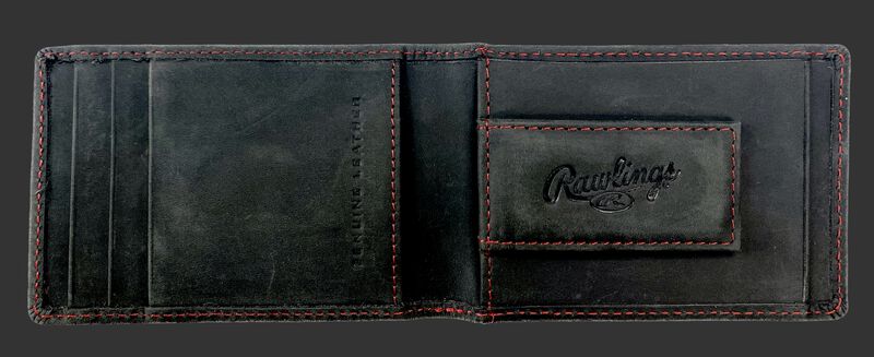 Inside of a black Rawlings high grade front pocket wallet with a magnetic money clip on the right side - SKU: RPW006-001