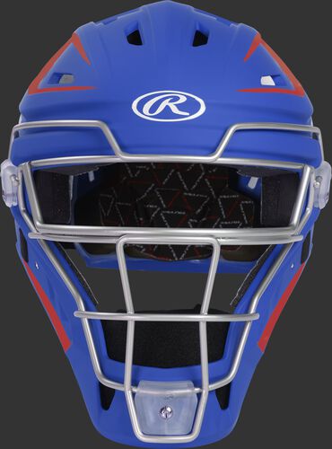 Front of a royal/scarlet CHV27J Velo 2.0 hockey-style catcher's helmet