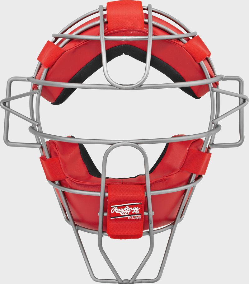 A LWMX2 adult lightweight hollow wire catcher/umpire mask with scarlet padding and silver cage loading=
