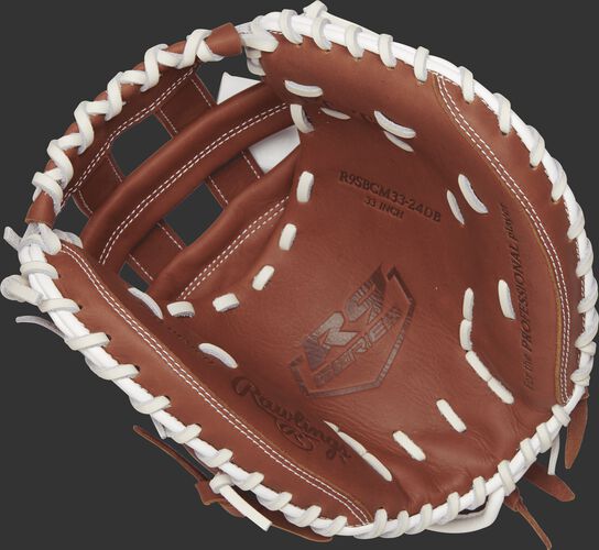 R9SBCM33-24DB Rawlings 33-inch fastpitch catcher's mitt with a brown palm and white laces