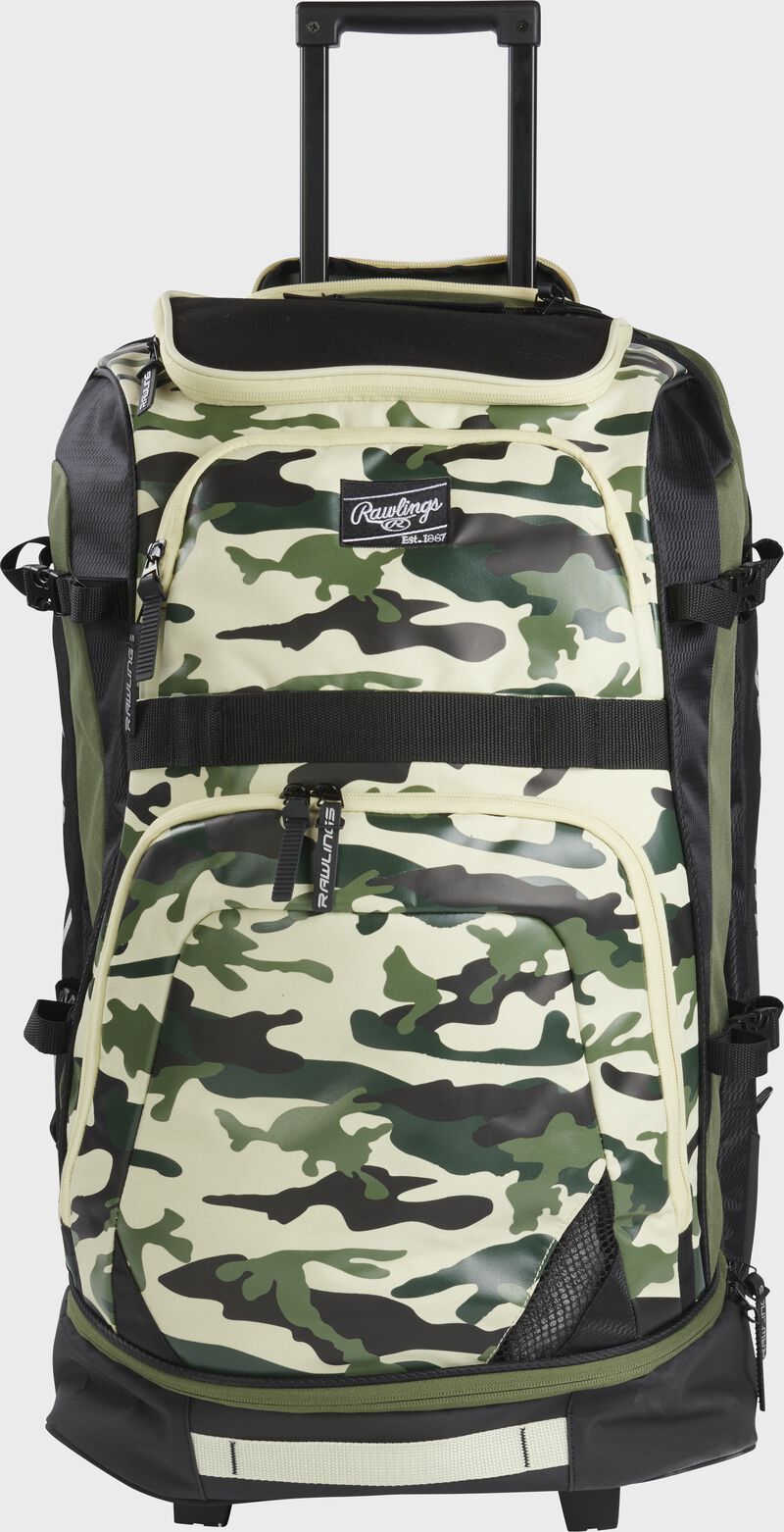 Front view of camo Rawlings Wheeled Catcher's Backpack - SKU: R1801