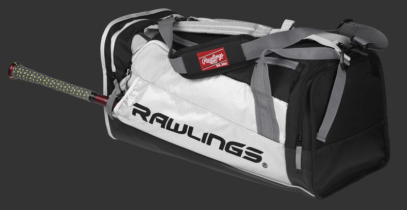 Side angle view of a white R601 Hybrid players duffel bag with a bat in the side sleeve
