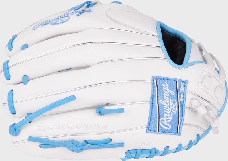 Fingerbacks of a white/Columbia blue Liberty Advanced 12-inch Fastpitch Softball Glove