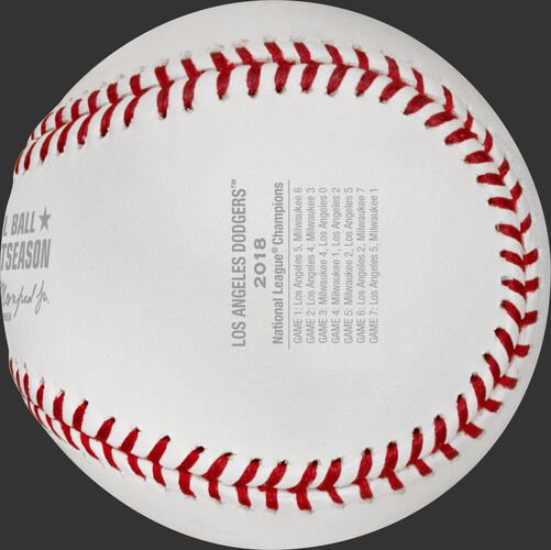 Game scores on the NLCS18CHMP baseball commemorating the Los Angeles Dodgers National League Championship
