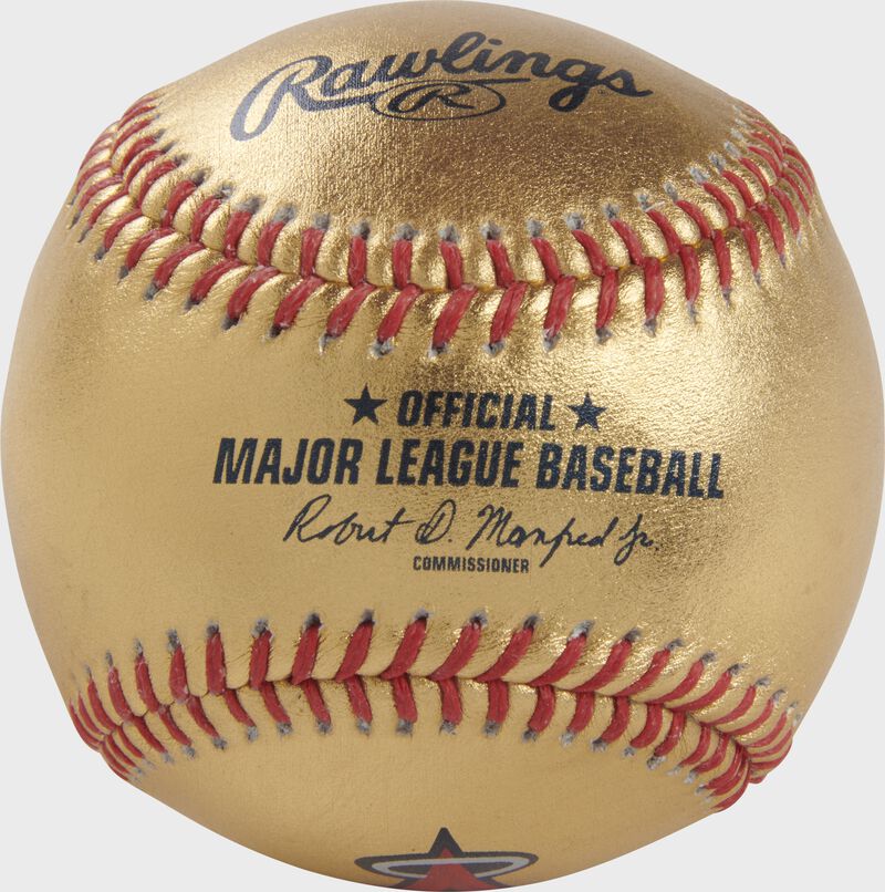 A Los Angeles Angels Rawlings Gold MLB team baseball with the official ball MLB stamp - SKU: RSGEA-GOLDLAA-R