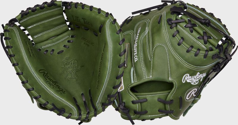 2 views showing the palm & back of a Heart of the Hide military green catcher's mitt - SKU: PROCM41MG