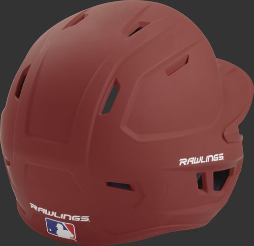 Back right of a one-tone matte cardinal MACH Rawlings batting helmet