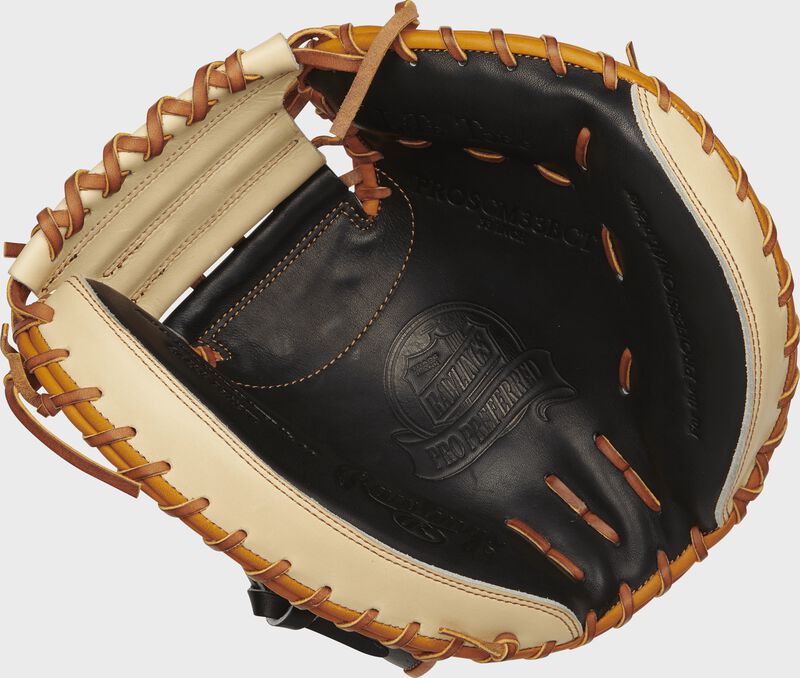 PROSCM33BCT 33-inch Rawlings catcher's mitt with a black palm, camel trim and tan laces