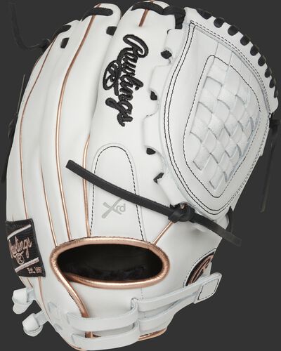 RLA120-3RG 12-Inch Liberty Advanced infield/pitcher's Basket web glove with a white back and rose gold binding/welting