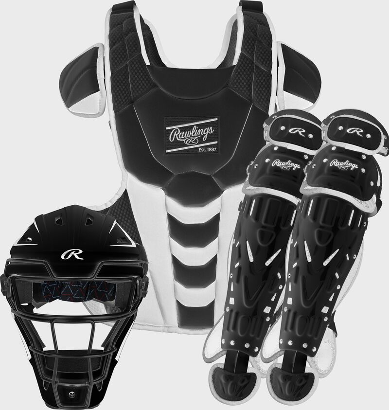 A black/white Velo fastpitch catcher's gear set with a helmet, chest protector and leg guards - SKU: CSSBL-B/W