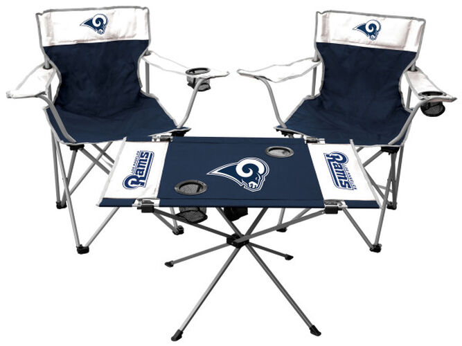 Front of Rawlings White and Navy NFL Los Angeles Rams 3-Piece Tailgate Kit With Two Kickoff Chairs, An Endzone Table, And A Transport Bag With Team Logo SKU #01041073611