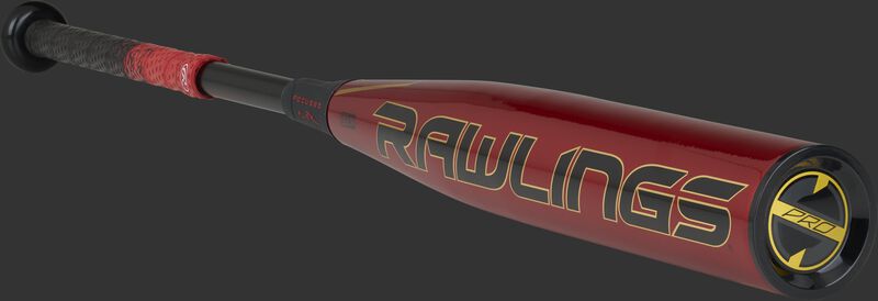 BBZQ3 Rawlings High School/College baseball bat with a red barrel and black/gold accents