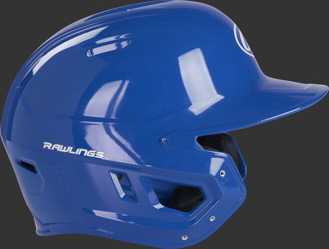 Right side of a MCC01A Rawlings Mach gloss helmet with a royal shell and compatible with a MEXT face guard extension