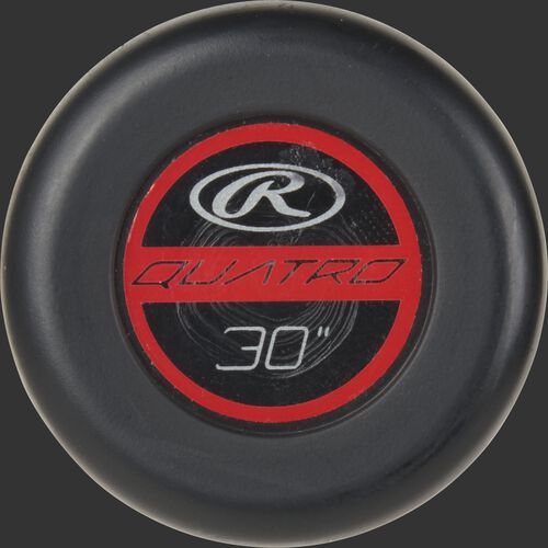 Black knob of a Rawlings Quatro Pro -10 USA bat with an Oval-R and 30" size on the sticker - SKU: US1Q10