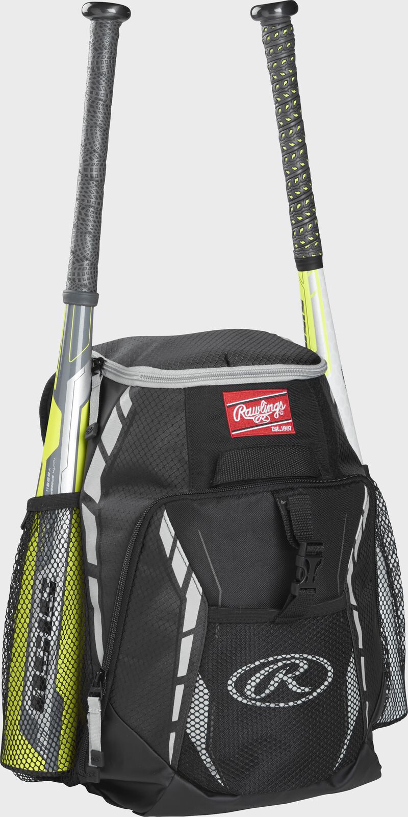 Front left view of a Black Rawlings Youth Players Team Backpack with two bats | SKU:R400-B