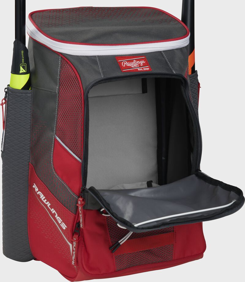 Front of a scarlet Rawlings Impulse backpack with the main compartment open - SKU: IMPLSE-S