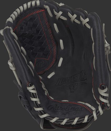 Palm view of a R120BGS Rawlings 12-inch recreational baseball/softball glove with a black palm and grey laces