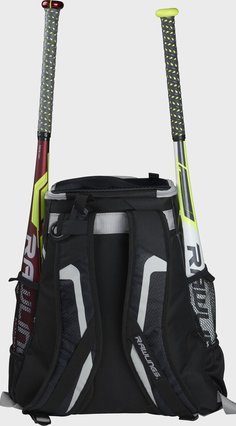 Back of a black R500 team backpack with two bats in the side sleeves image number null