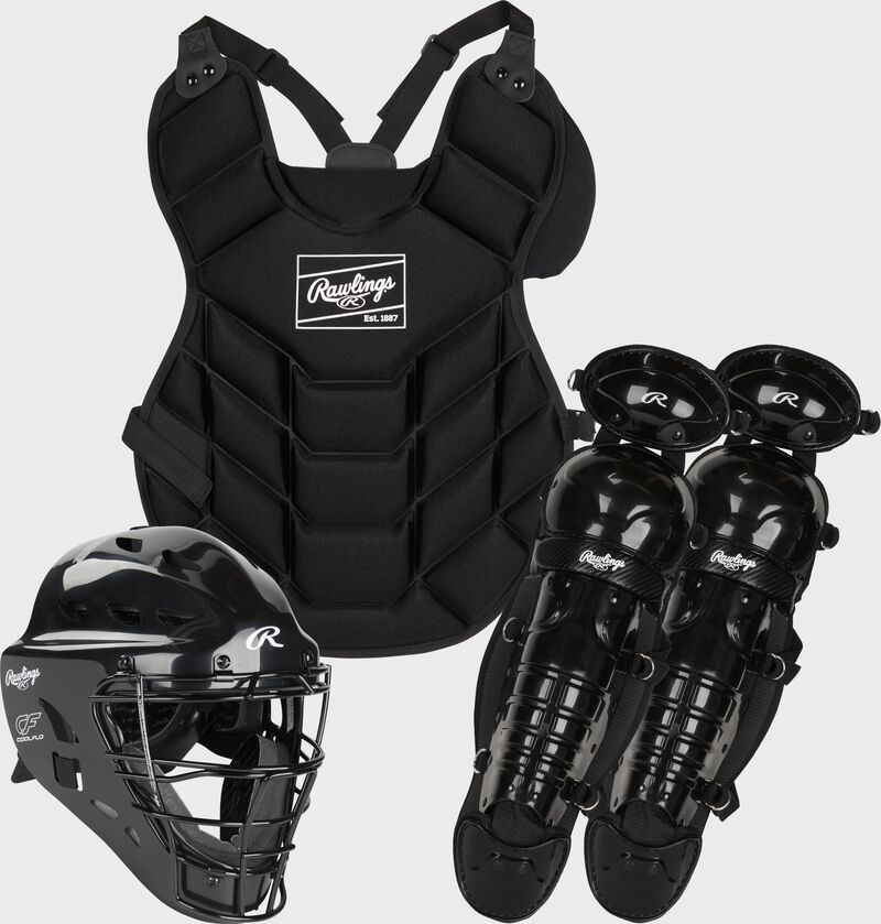 A black Rawlings youth size Players Series catcher's set with a catcher's helmet, chest protector, and leg guards