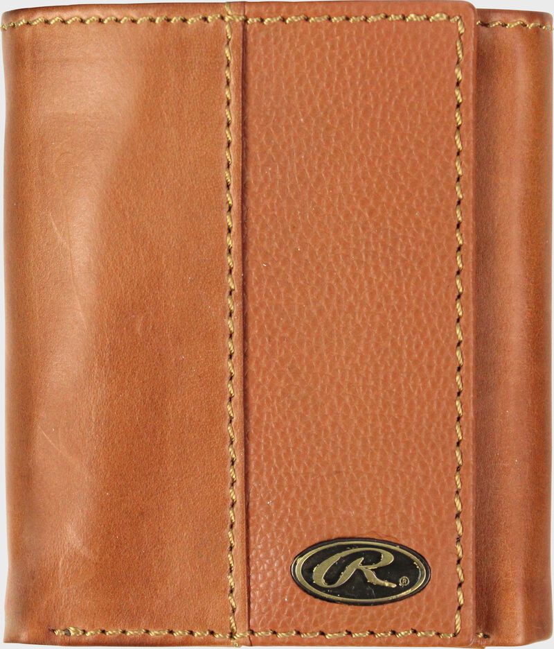 A tan RW80003-204 Bases loaded tri-fold wallet folded closed with a silver Oval R emblem in the bottom right corner