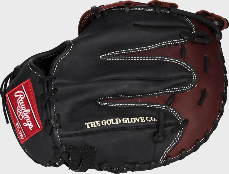 Black back of a Heart of the Hide 12-Inch 1st base mitt with burgundy finger tips - SKU: PROSC5PB
