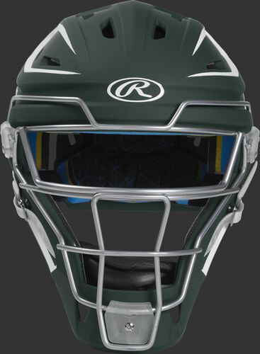 Front of a dark green CHMCHS Mach hockey-style senior catcher's helmet