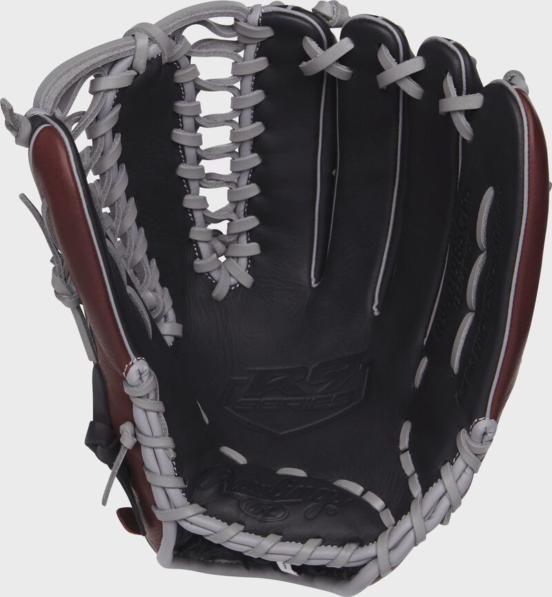 R96019BSGFS 12.75-inch Rawlings baseball glove with a black palm and grey laces