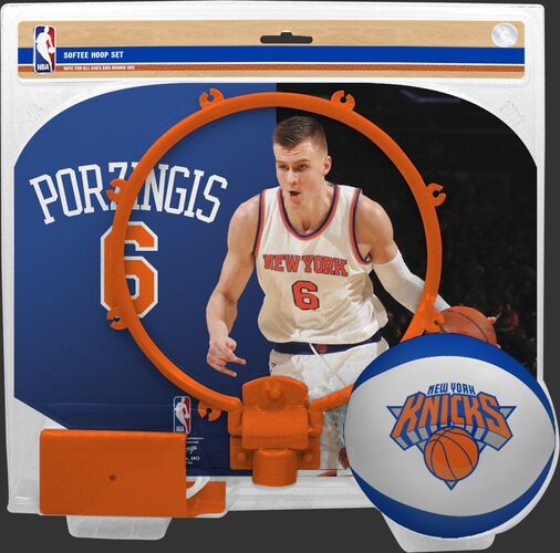 A NBA New York Knicks Kristaps Porzingis softee hoop set with a picture of Porzingis on the backboard - SKU: 03544540511