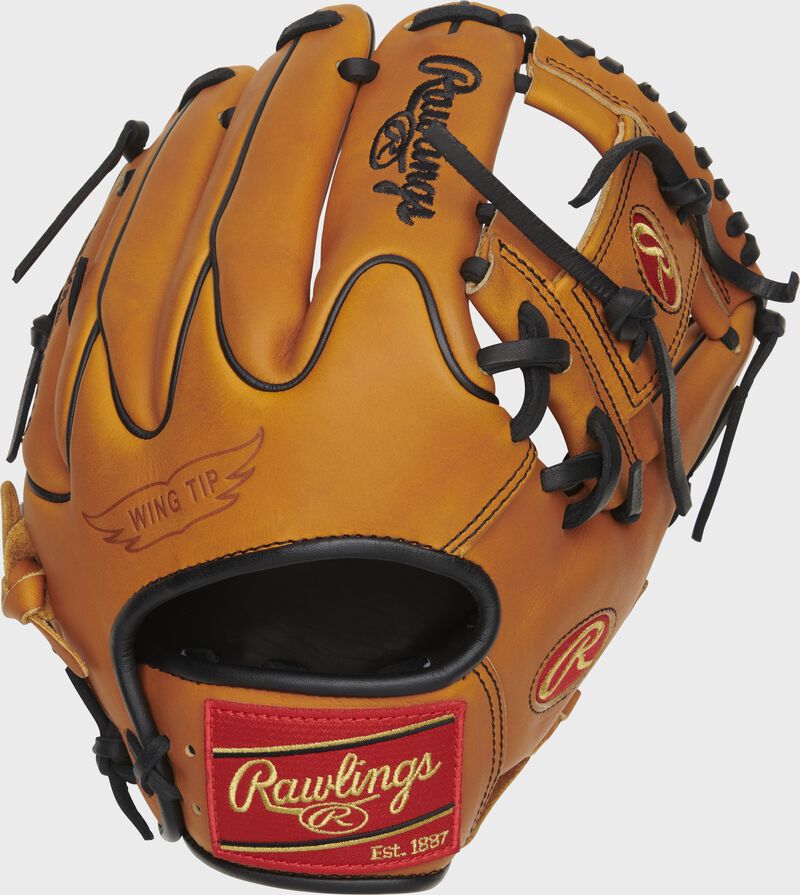 Wing Tip back of a Heart of the Hide Horween I-web glove with a red Rawlings patch - SKU: PRO205W-2HTB