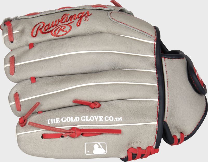 Back of a gray Sure Catch 11-Inch Mike Trout signature glove with the MLB logo on the pinky - SKU: SC110MT loading=