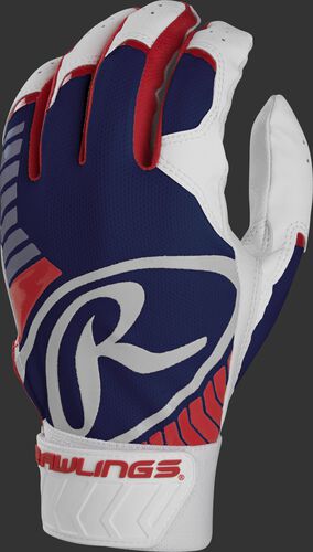 Back of a red/white/blue adult 5150 batting glove with a large white oval-R across the back of the palm - SKU: BR51BG-USA