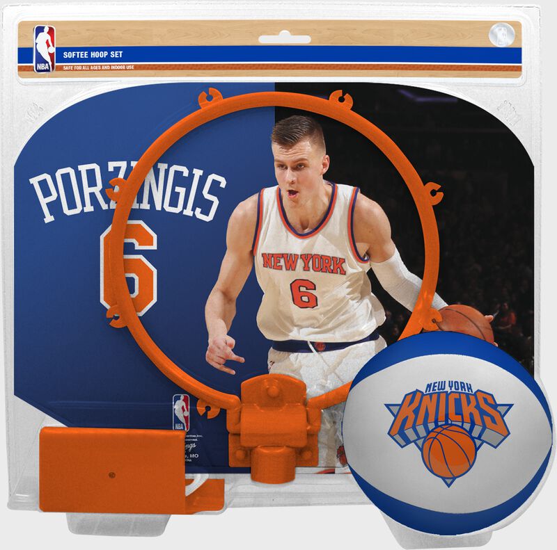 A NBA New York Knicks Kristaps Porzingis softee hoop set with a picture of Porzingis on the backboard - SKU: 03544540511 loading=