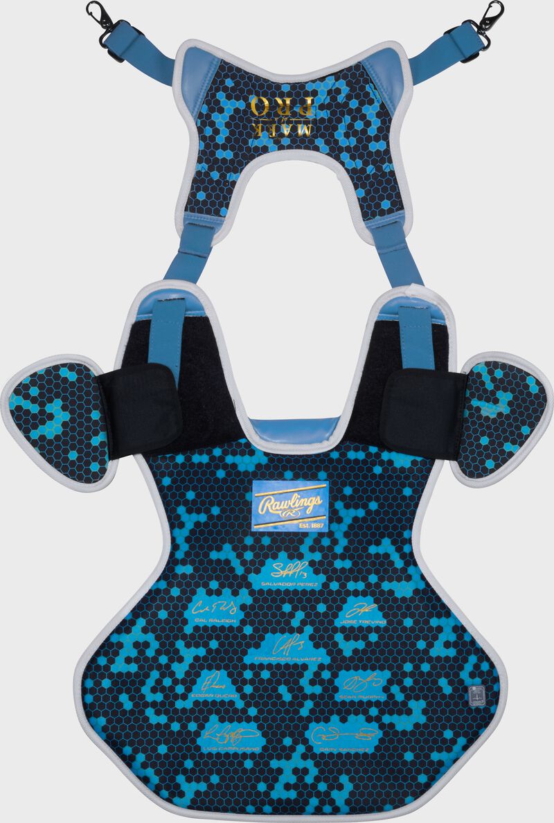Back of a Columbia blue Rawlings Mach Pro Series chest protector with the harness up