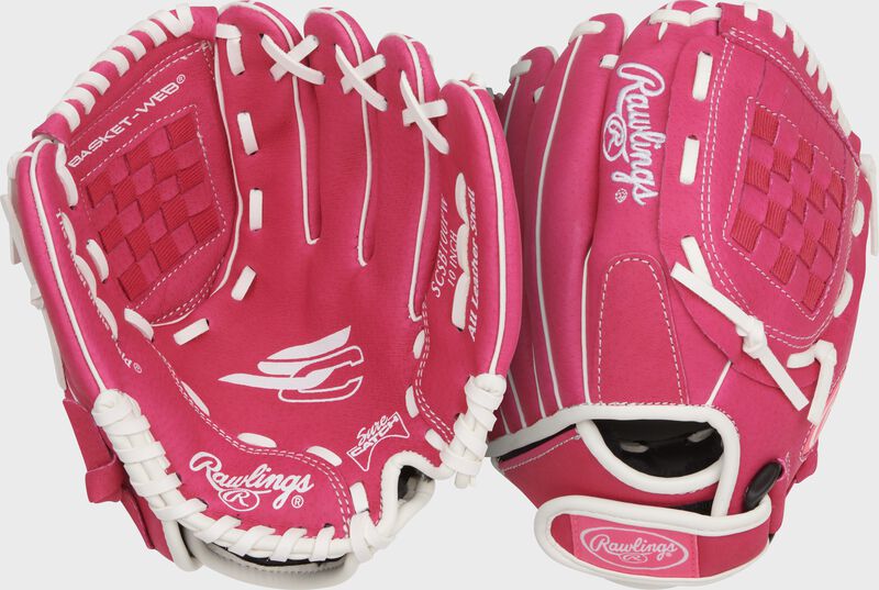 Two images showing the palm & back of a pink/white Sure Catch Softball 10-inch Youth Softball Glove