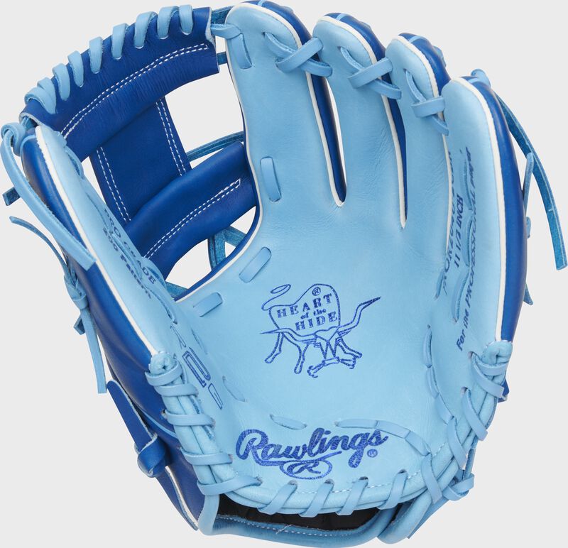 Columbia blue palm of a Rawlings Heart of the Hide R2G ContoUR fit glove with Columbia blue laces and royal stamping - SKU: RSGRPROR204U-2CBR