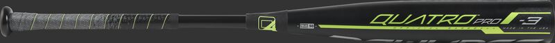 Barrel View of the black BB9Q3 Rawlings 2019 Quatro Pro College/High School bat with the Quatro Pro logo on the barrel
