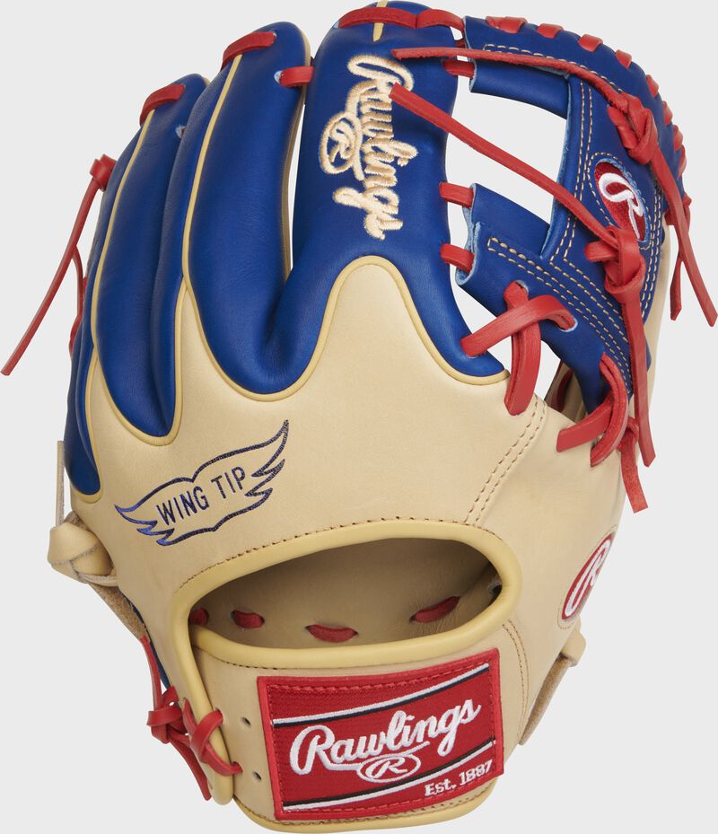 Camel wing tip back of a Heart of the Hide R2G 11.5" I-web glove with a red Rawlings patch - SKU: PROR204W-2CR