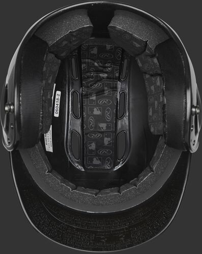 Inside of a black R1601 Velo batting helmet with black foam padding