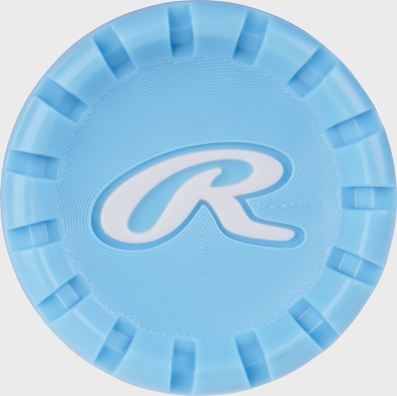 Light blue end cap of a Clout AI USSSA bat with a white script "R" logo - SKU: RUT4C10