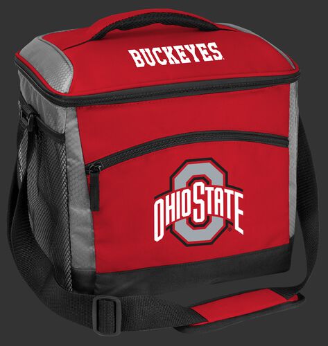 A red Ohio State Buckeyes 24 can cooler with a Buckeyes logo on the front - SKU: 10223042111