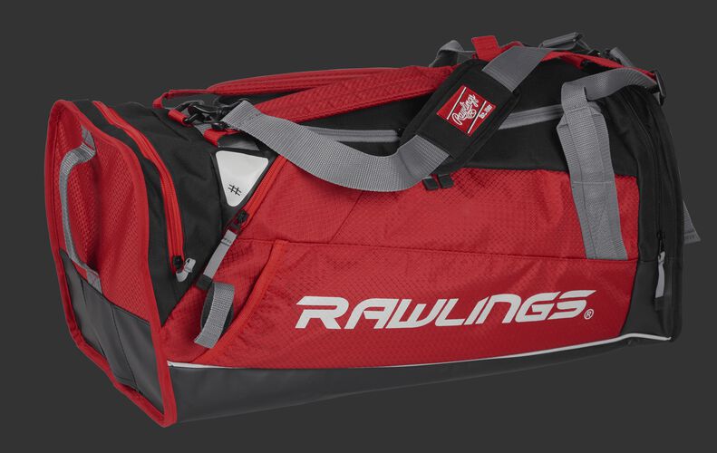Side angle view of a scarlet R601 Hybrid players bag with a Rawlings logo on the side
