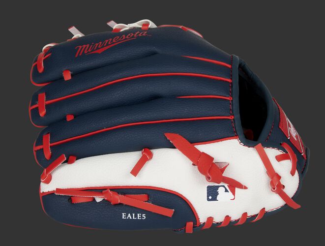 Back of a navy, white & red Minnesota Twins 10-inch youth glove with the MLB logo on the pinky - SKU: 22000028111
