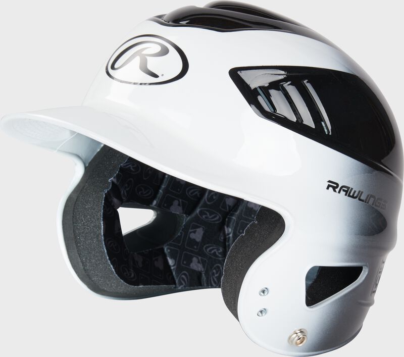 Front left side of a black/white Coolflo batting helmet - SKU: RCFH