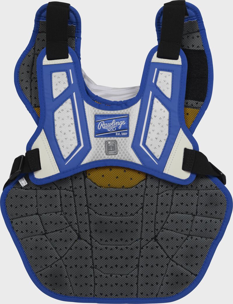 Back of a Velo 2.0 chest protector with a royal/white harness