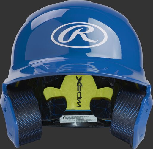 Front of a matte royal MACH junior size batting helmet